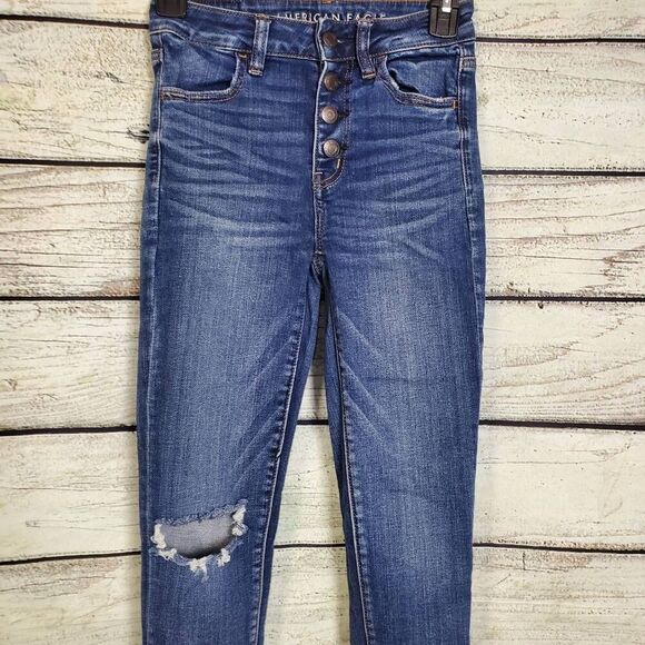 American Eagle Outfitters High Rise Distressed Skinny Jeans Size 0 Button Fly Fr - Picture 2 of 9
